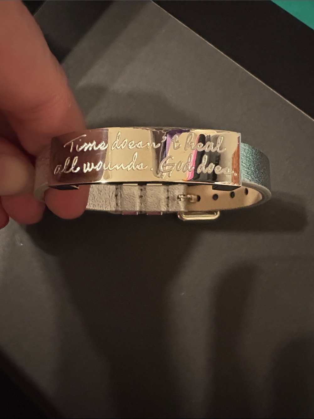 Rustic Cuff Engraved Metallic Leather Wrap Time Doesn’t Heal, God Does